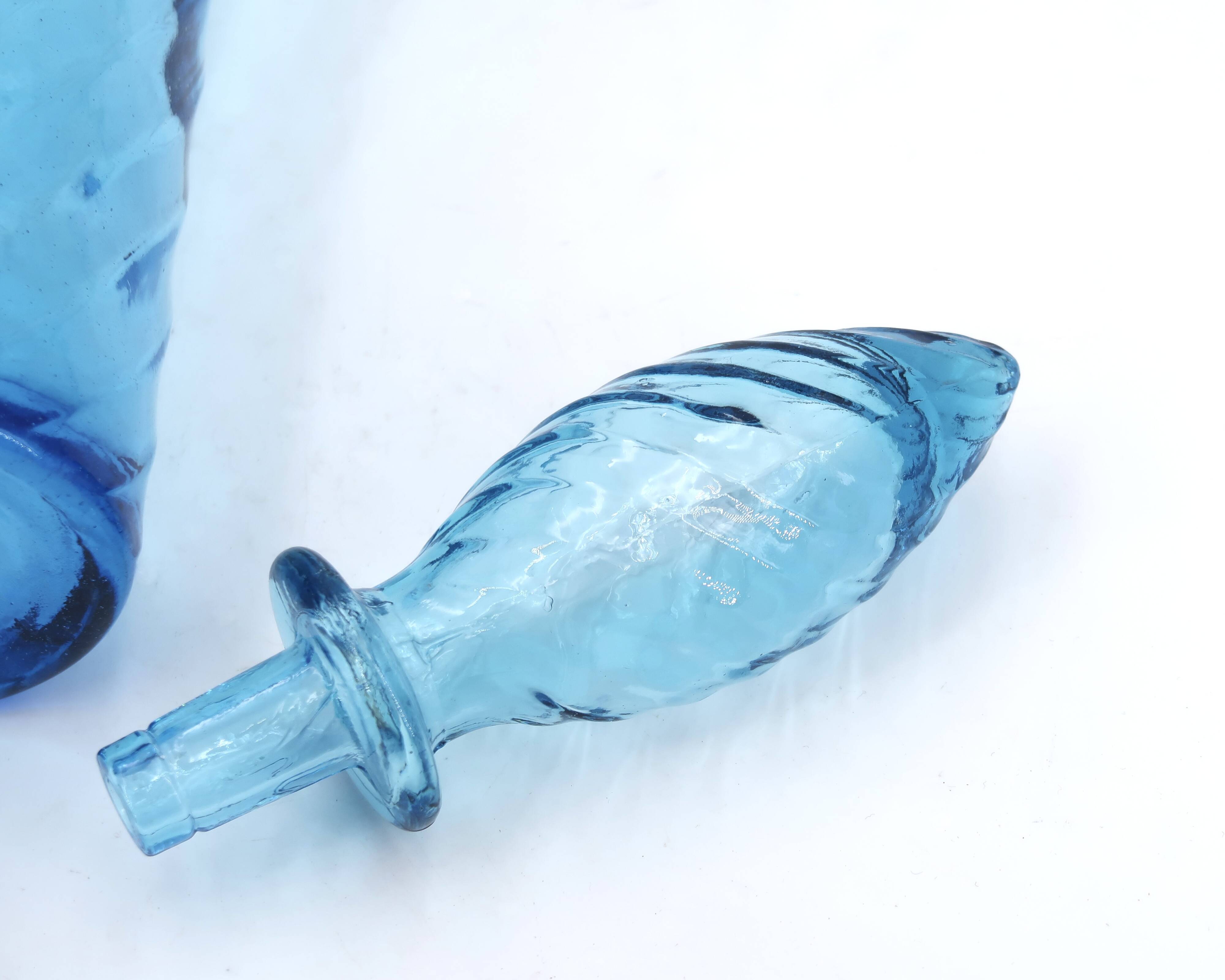 Empoli blue glass carafe with grooves, 60s bottle