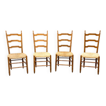 Set of 4 rustic straw chairs in solid wood – France, 1950s-19