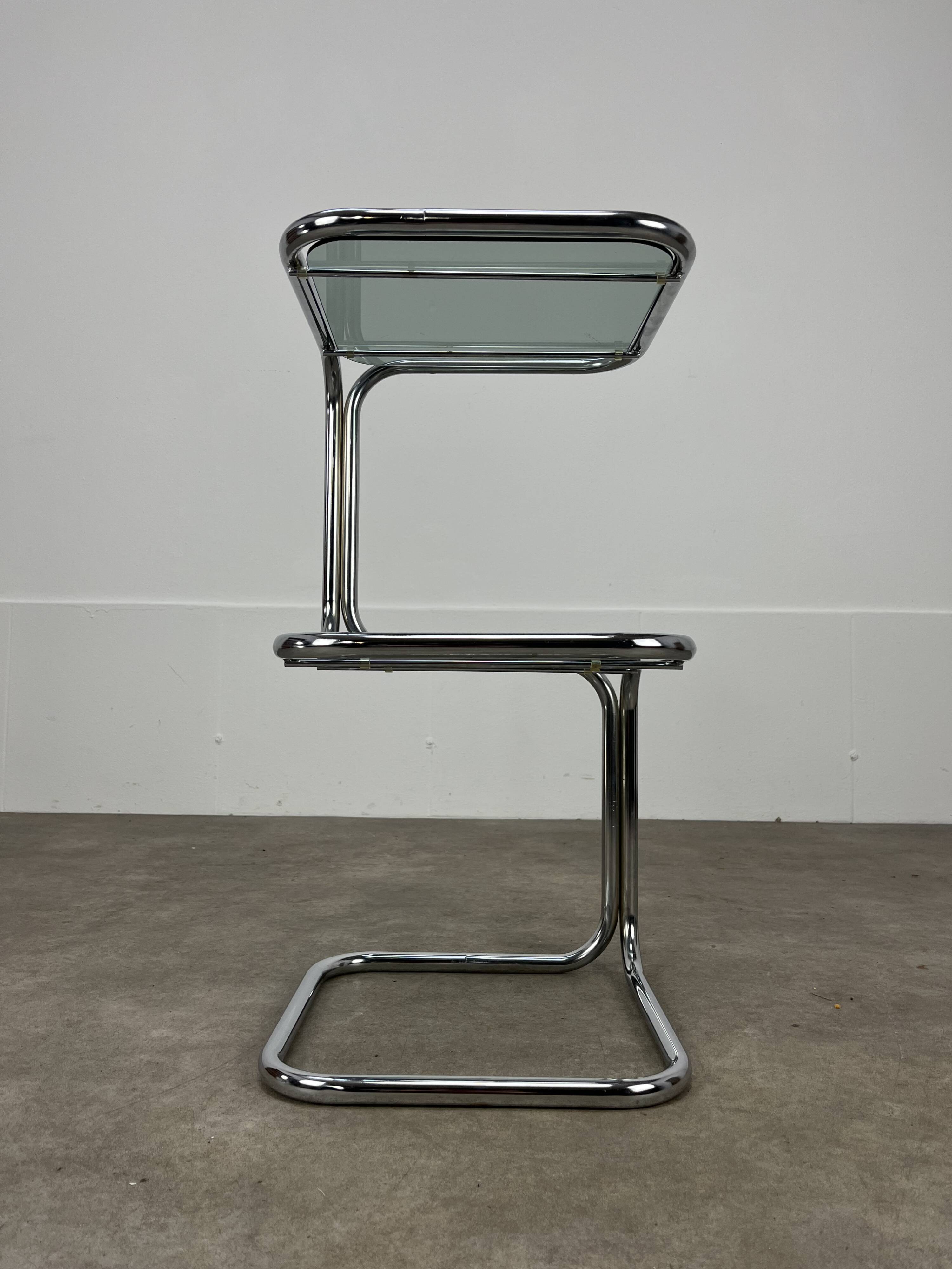 70s pedestal table, chrome and smoked glass side table