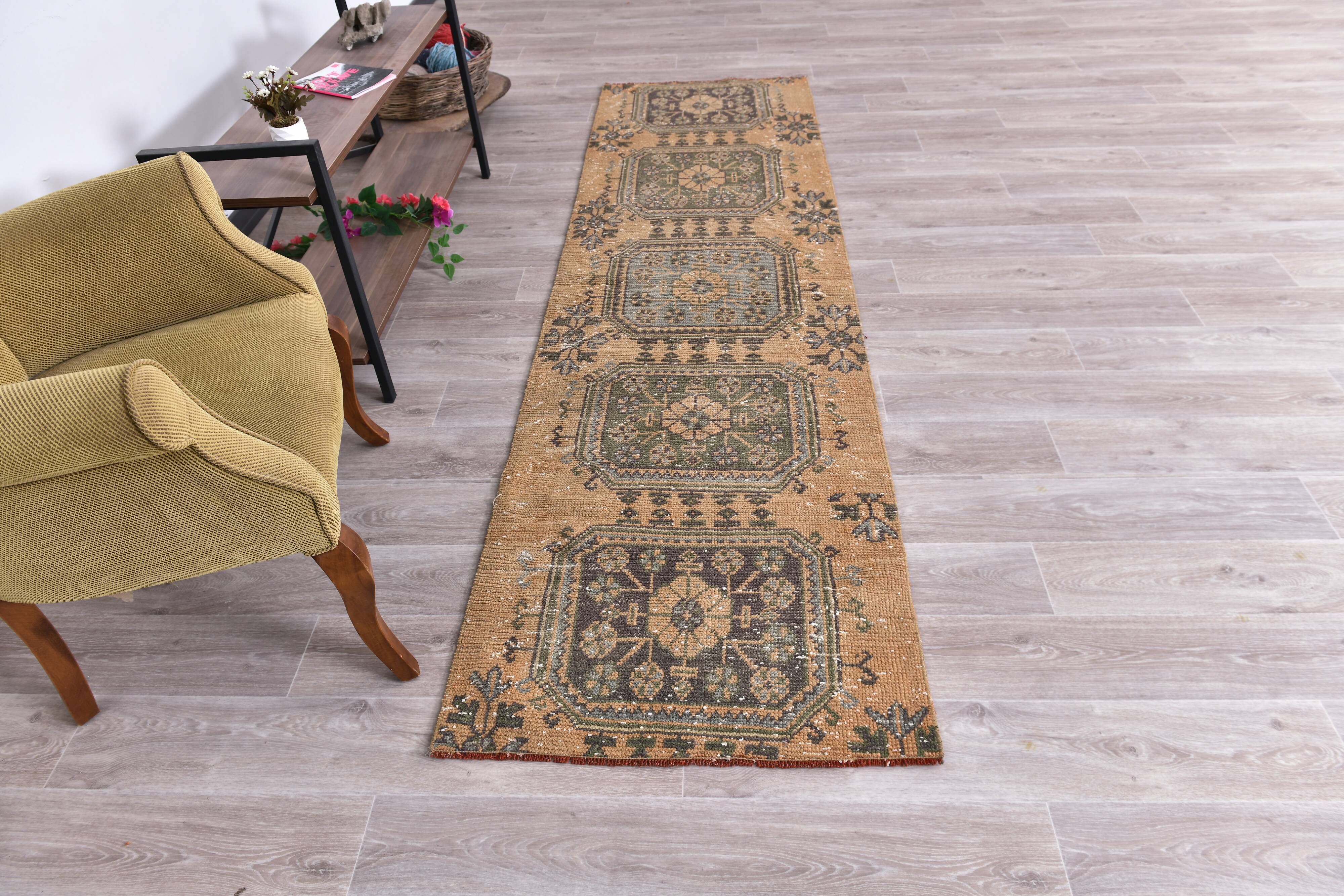 3x9 Mustard Light Blue Turkish Runner Rug 79x280Cm