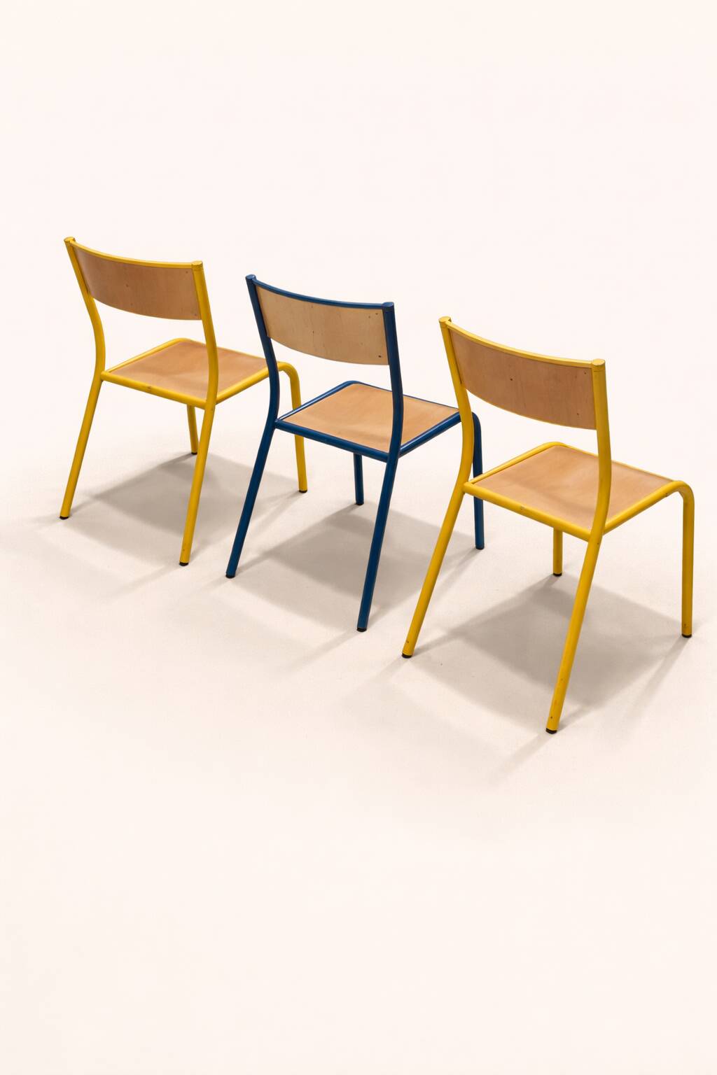 Vintage school chair trio – Coloured metal structure in yellow & blue