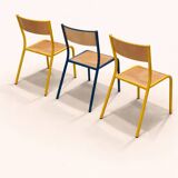 Vintage school chair trio – Coloured metal structure in yellow & blue