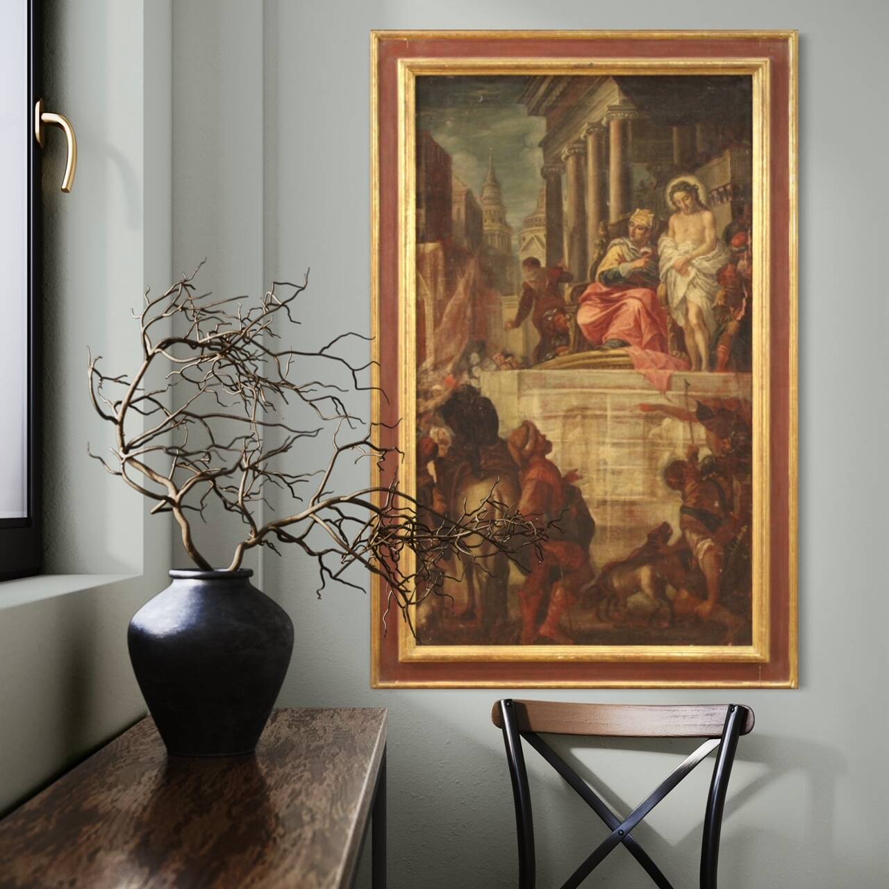 Antique painting Jesus and Herod from 17th century