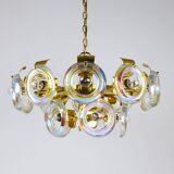 Large brass chandelier by Oscar Torlasco, rainbow optical glass rings, Italy, 1970s.