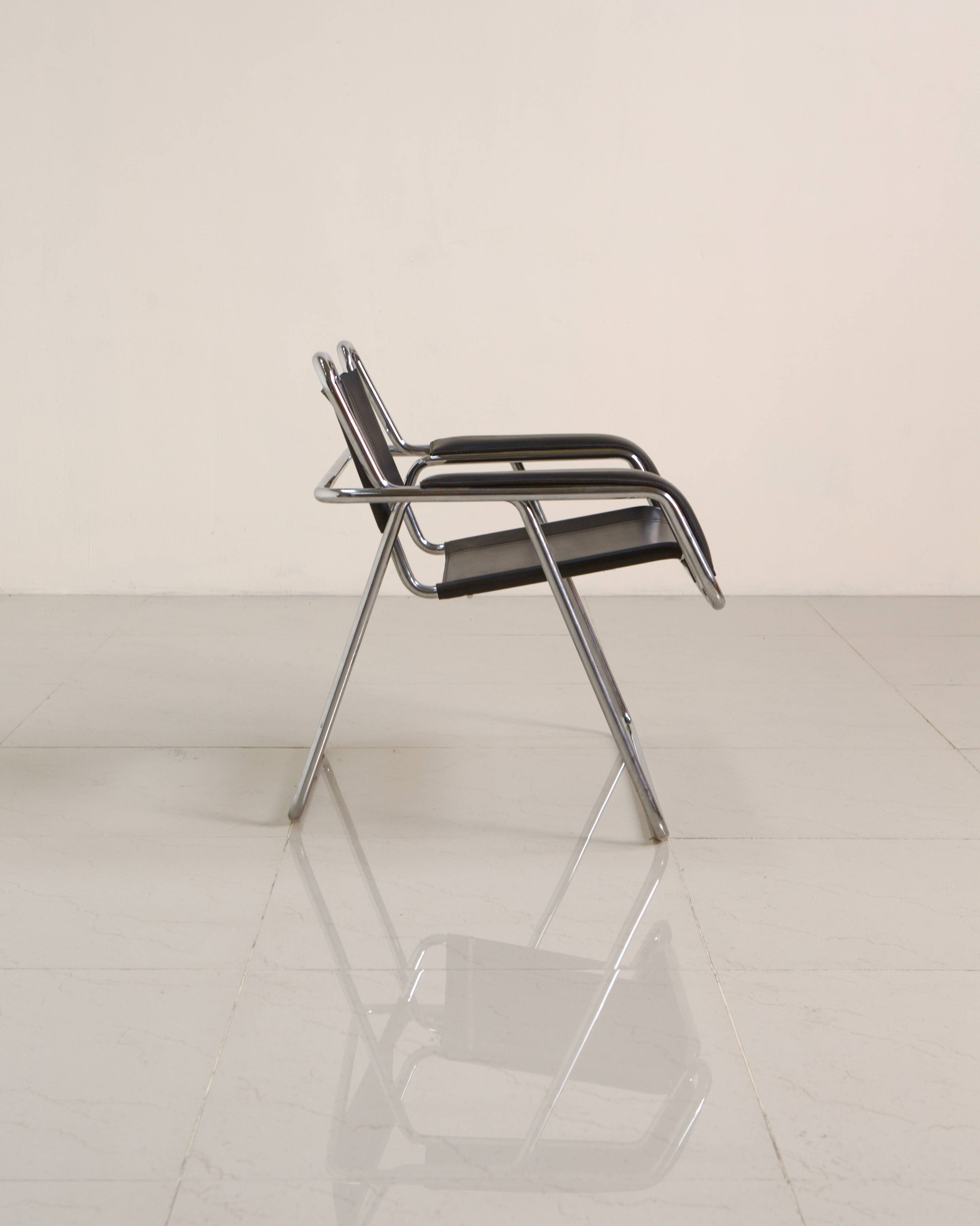 Metal and black leather armchair by Gastone Rinaldi for Thema 80's