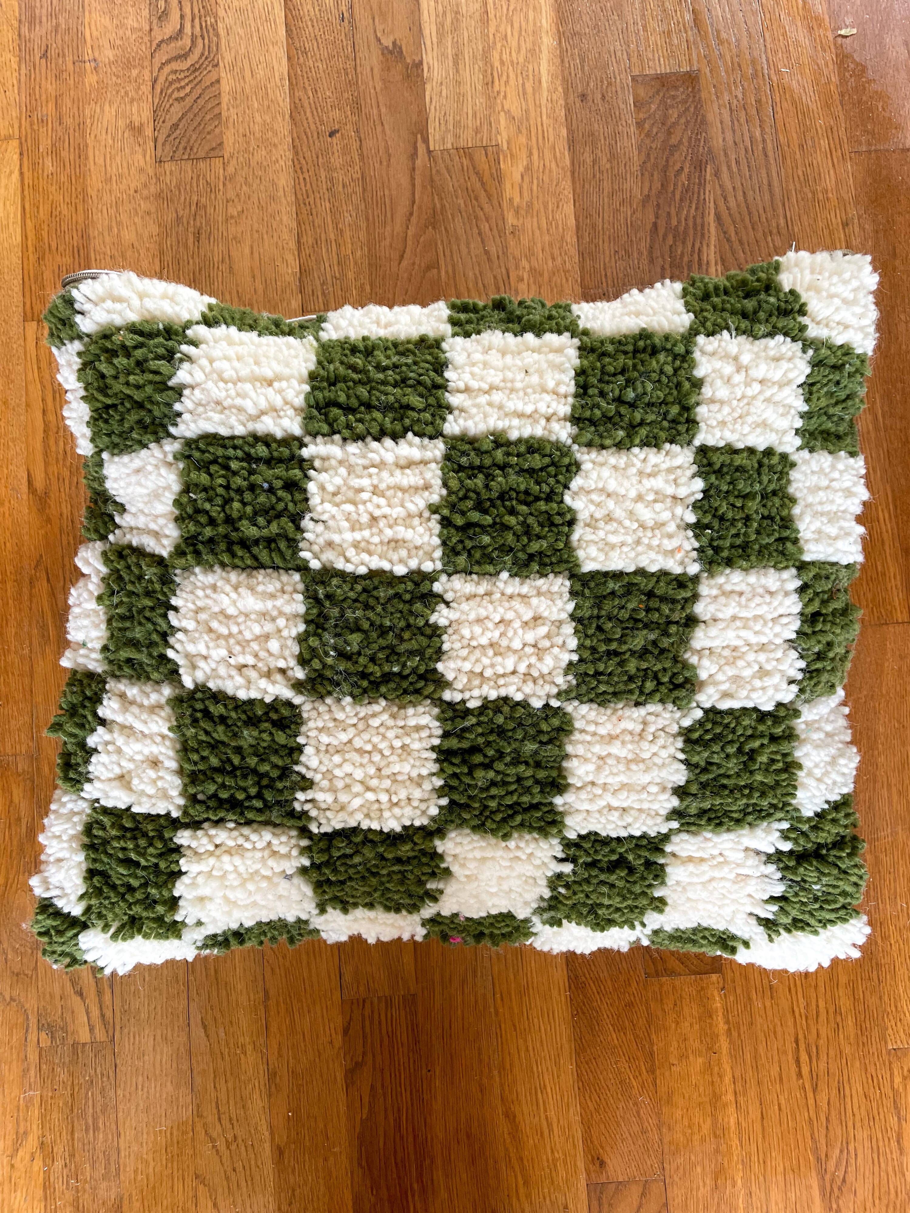 Khaki green and white checkered wool cushion