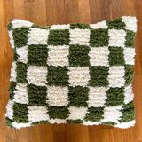 Khaki green and white checkered wool cushion