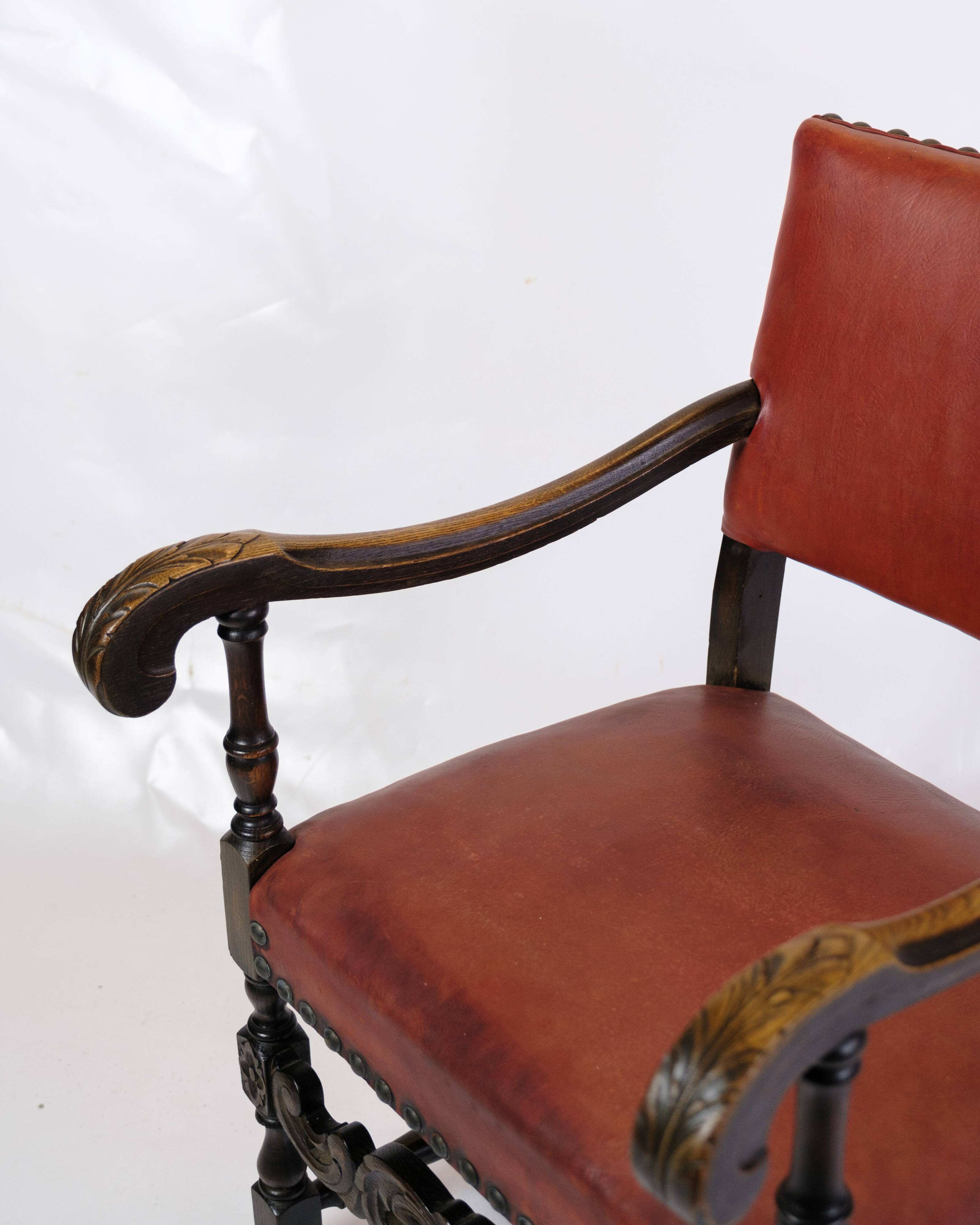 Set Of 2 Antique Armchairs Made In Oak & Red Leather From 1930s