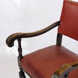 Ensemble de 2 fauteuils anciens en chêne et cuir rouge des années 1930