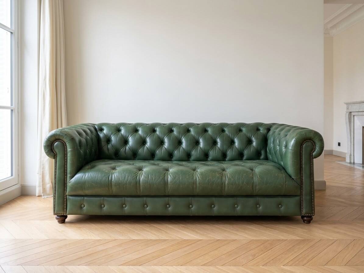 Classic 3-seater Chesterfield sofa in green leather