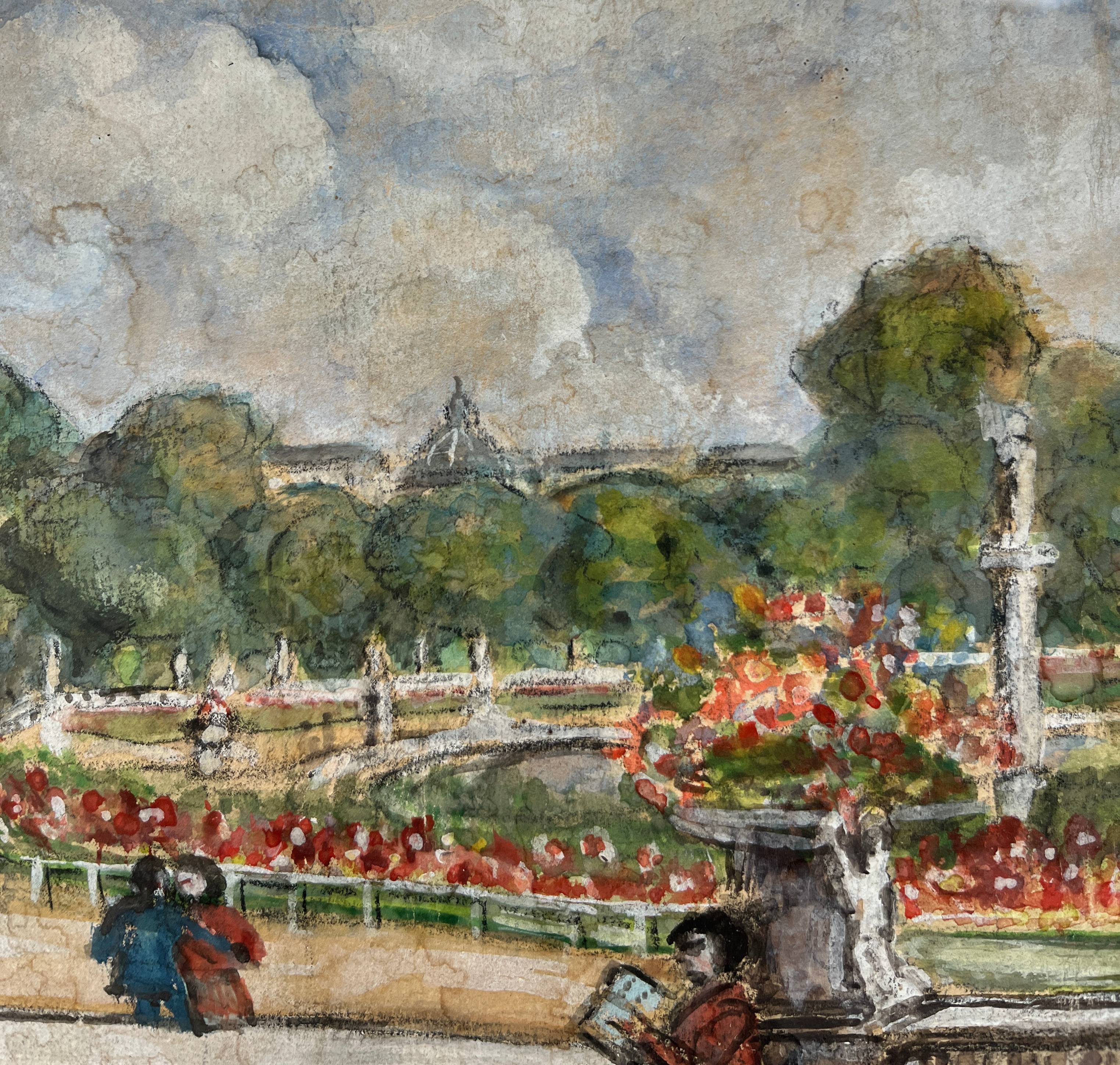 Watercolor painting "The animated Luxembourg garden" Paris in 1952 signed