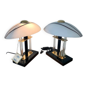 Pair of vintage post modern lamps 80's murano glass lampshade nueva irilux