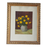 Peinture à l'huile des années 1950, nature morte vase de fleurs, passe-partout, cadre sculpté.
