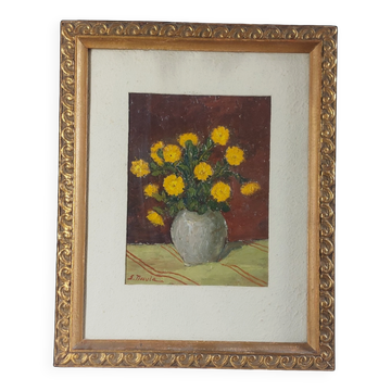 Oil painting from the 1950s, still life with a vase of flowers, mount, carved frame.