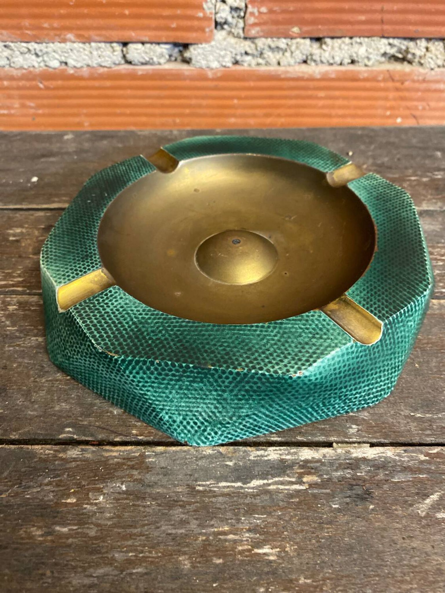 Vintage Green Metal Octagonal Ashtray + Brass