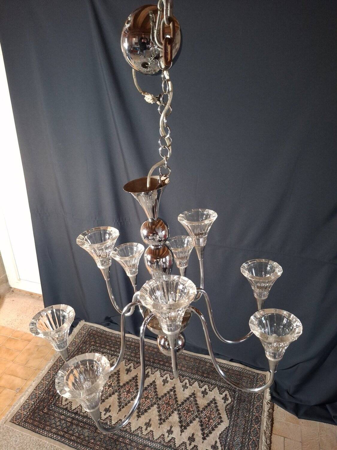 Chandelier from the 1930s to 1950s in chrome metal and thick glass.