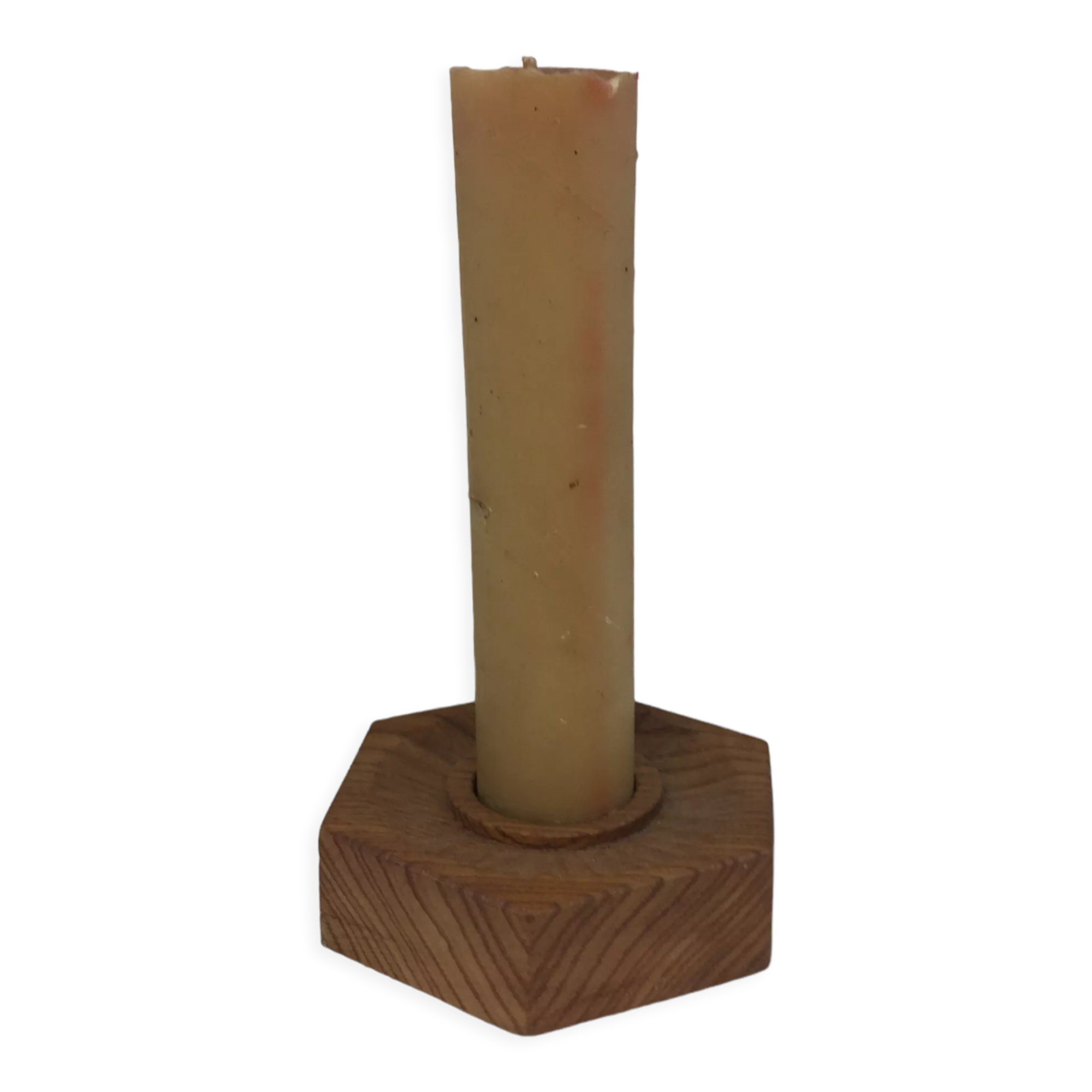 Handmade natural wood candle holder, hexagonal shape and its 3 old beeswax candles.