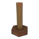 Handmade natural wood candle holder, hexagonal shape and its 3 old beeswax candles.
