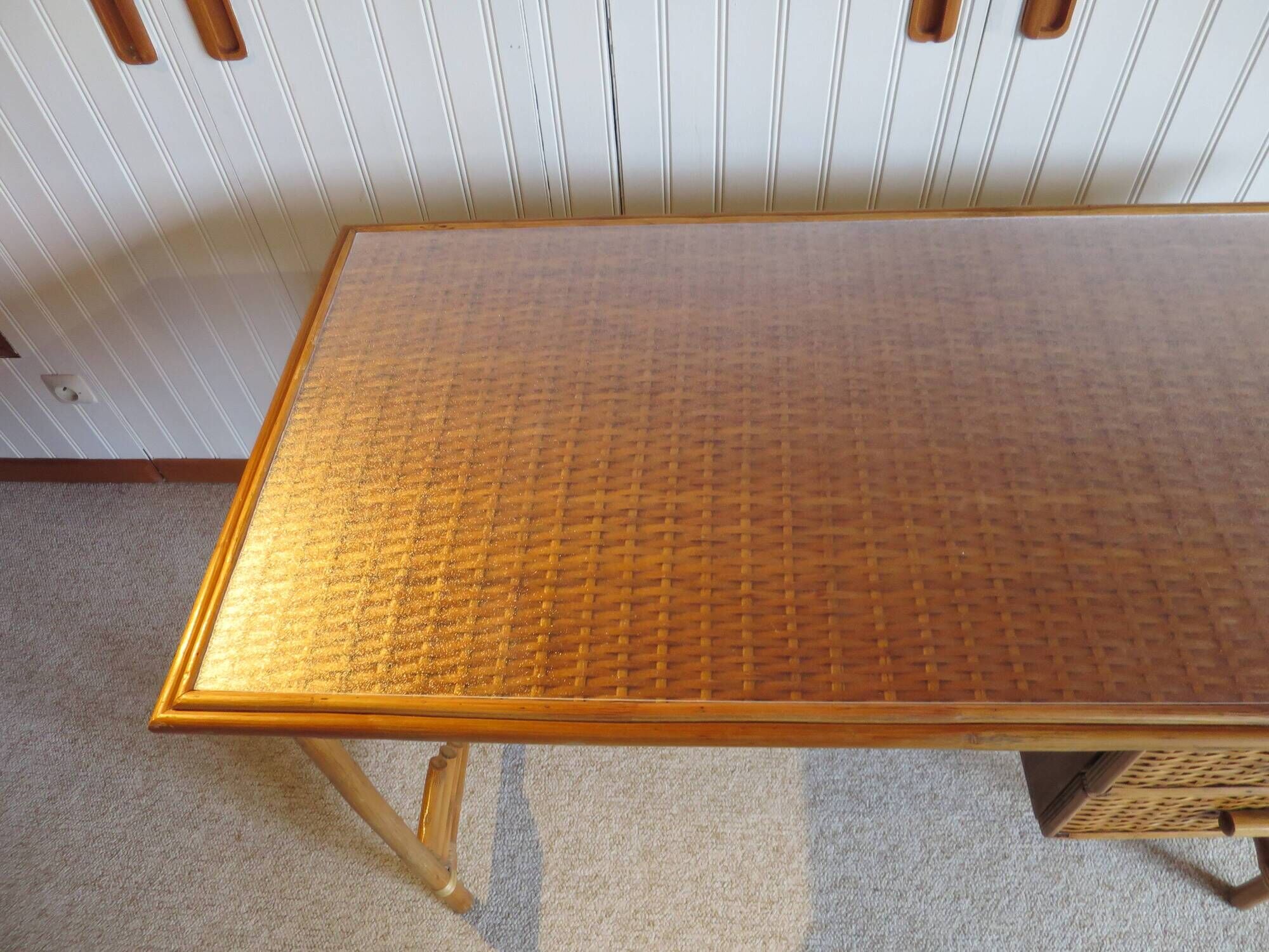 desk - wood-bamboo and woven wicker rattan - 2 drawers - large top - 80