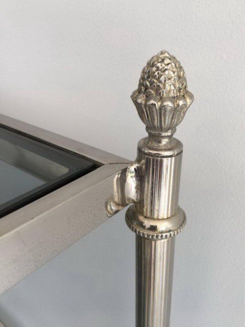 Neoclassical silver coffee table with bluish glass tops