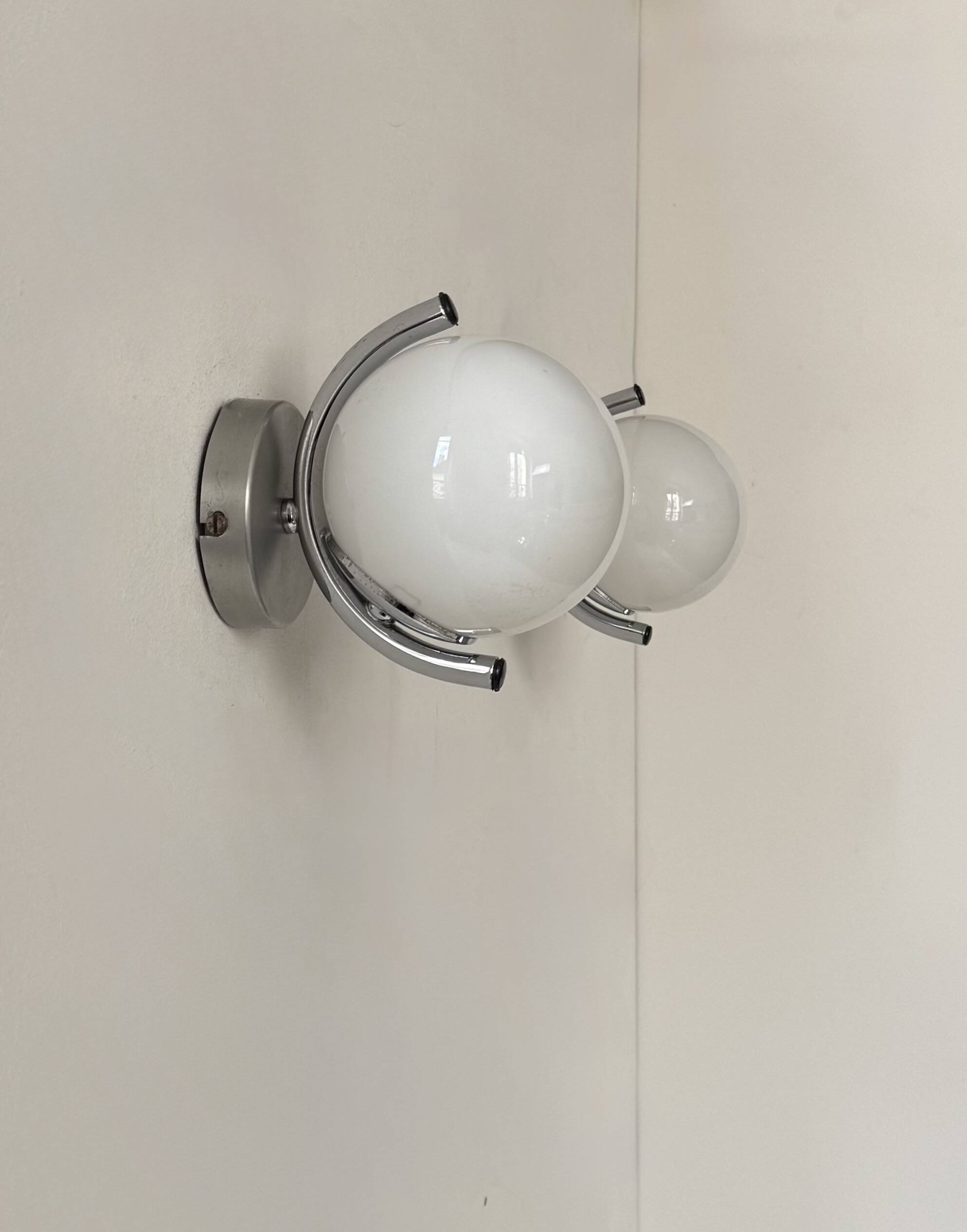 Pair of vintage wall lights, chromed metal and opaline glass, France, 1970