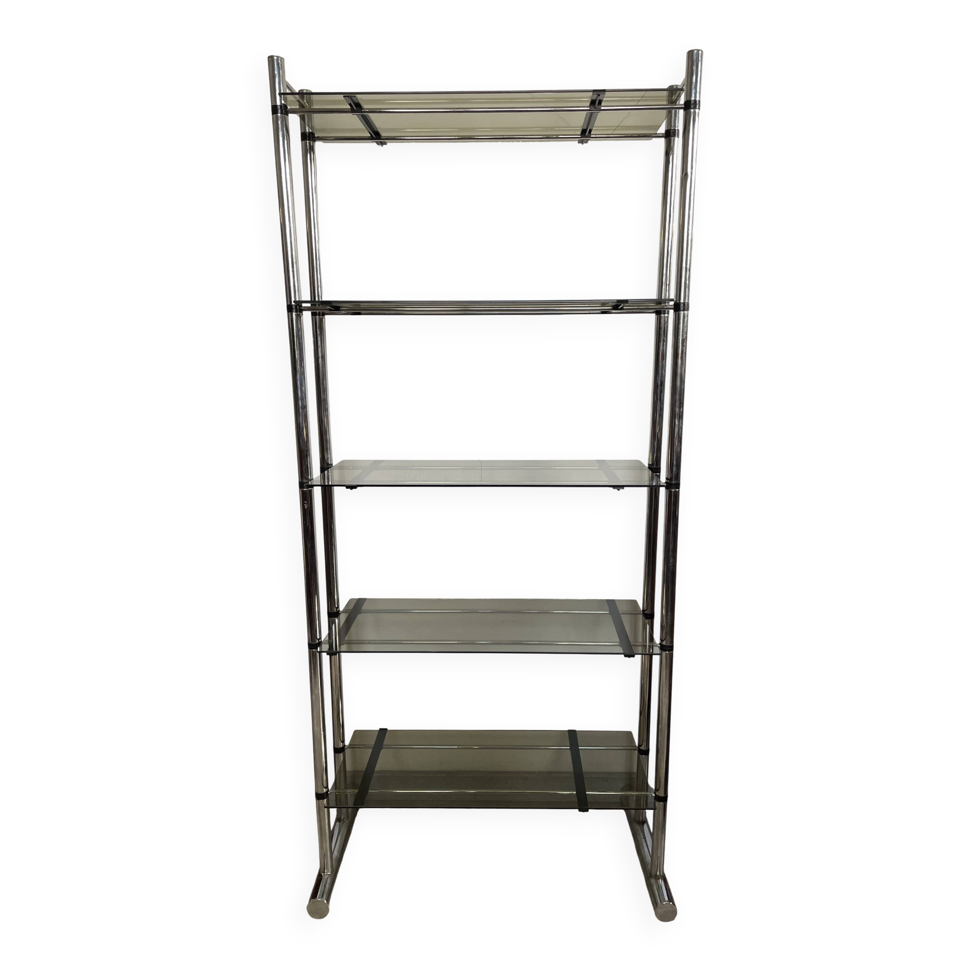 Chromed metal tubular shelf with smoked glass.