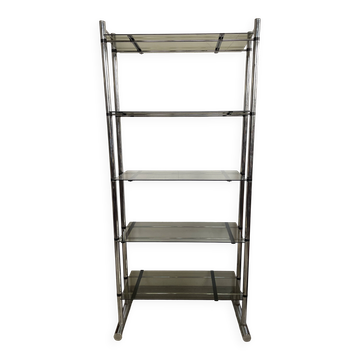 Chromed metal tubular shelf with smoked glass.