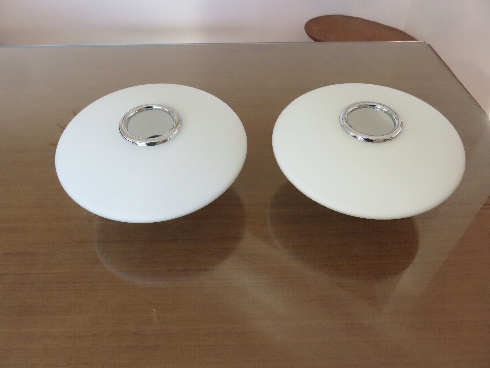 Pair of wall lamps saucer space age in white opaline 1970
