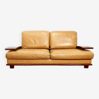 Vintage Italian leather and wood sofa