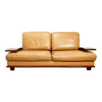 Vintage Italian leather and wood sofa