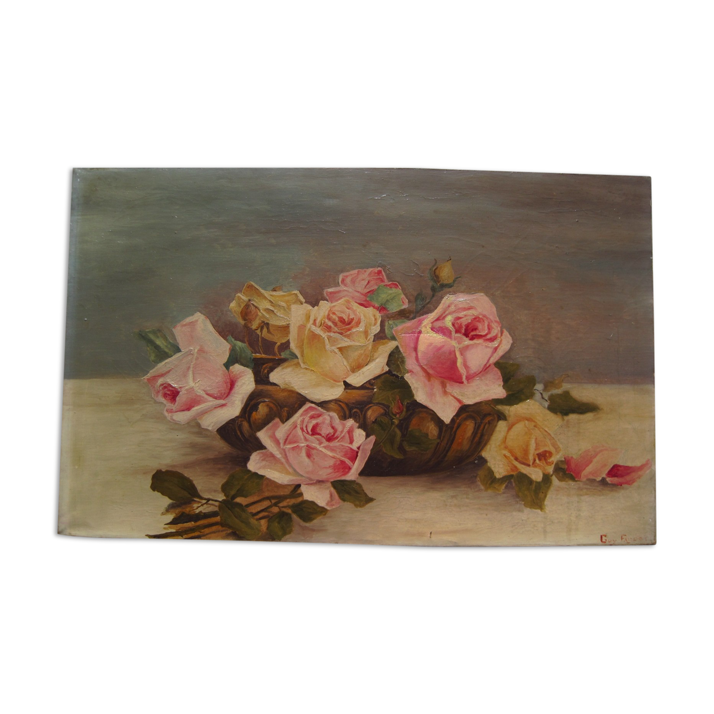 Oil painting on canvas HST Roses Vase signed GUY FAUDOT Pier