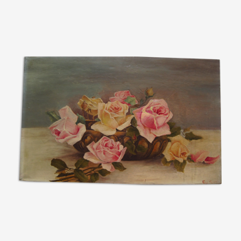 Peinture huile sur toile hst jetée de roses vase signée Guy Faudot