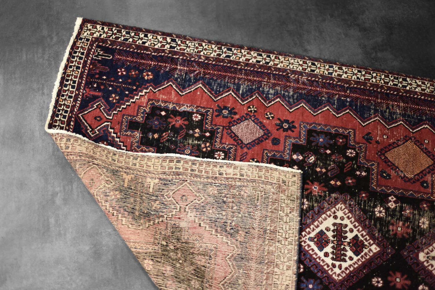 Handwoven Afshar oriental rug, Middle East, 1950s