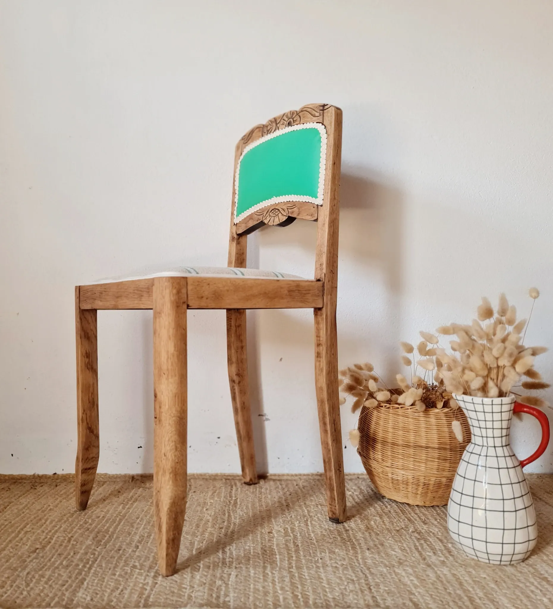 Renovated antique chair – carved wood and green backrest