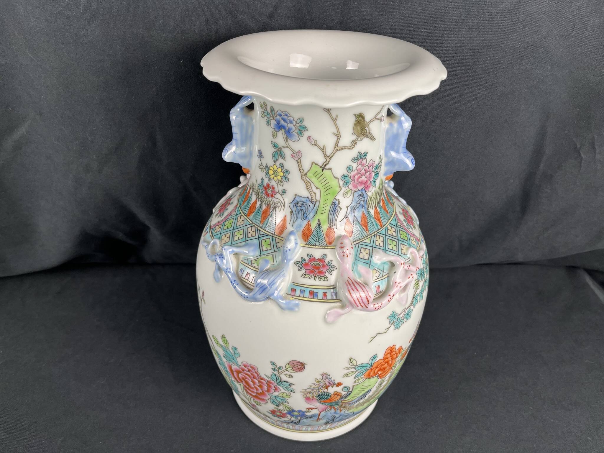 China, polychrome porcelain vase with relief decoration, 20th century