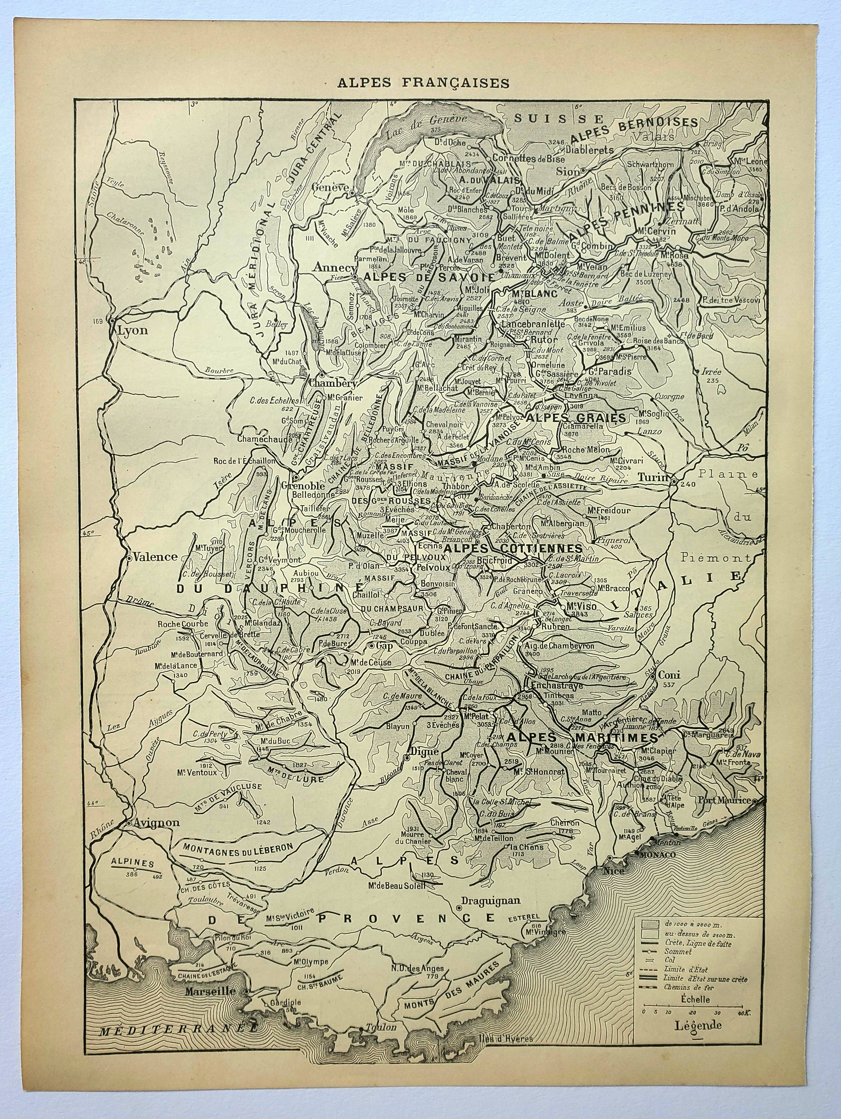 Antique engraving 1898, French Alps, map, mountain • Lithograph, original illustration