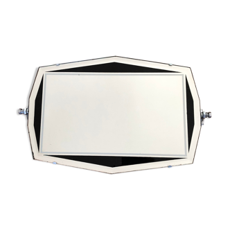Reclining art deco mirror with black and silver grey eglomized modernist geometric decoration