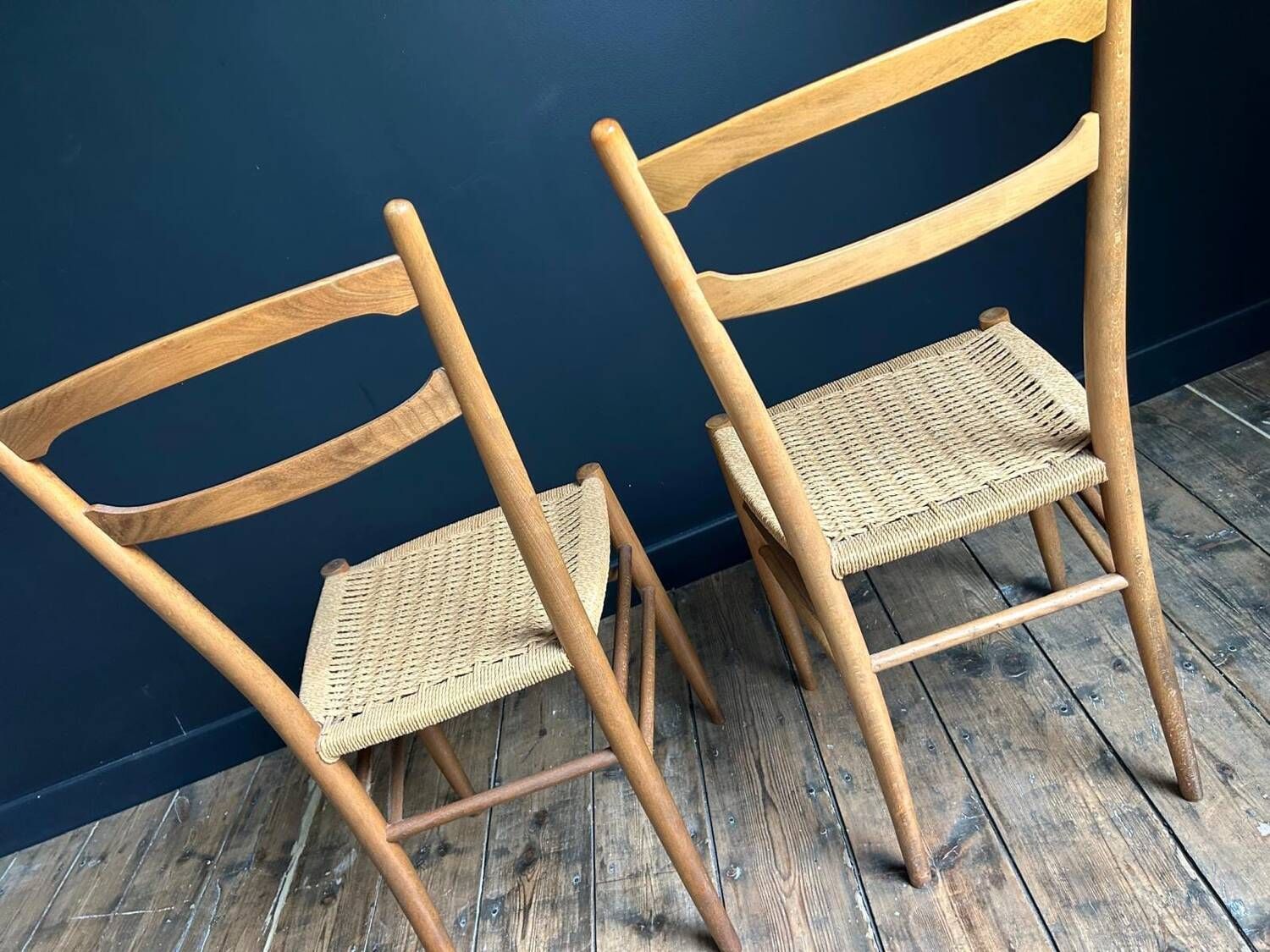 Pair of vintage chairs with rope, antique seating furniture