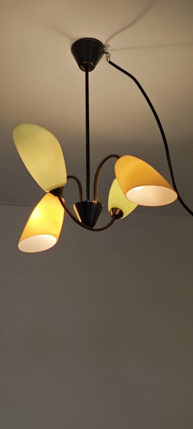 Brass and glass chandelier 4 yellow and green lights from the 60s