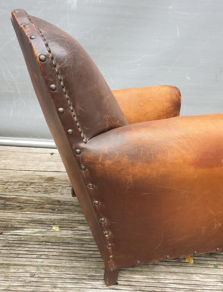 Pair armchairs club leather "punk" back mustache