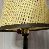 Mid-century tripod floor lamp with 3 lights and a yellow shelf.