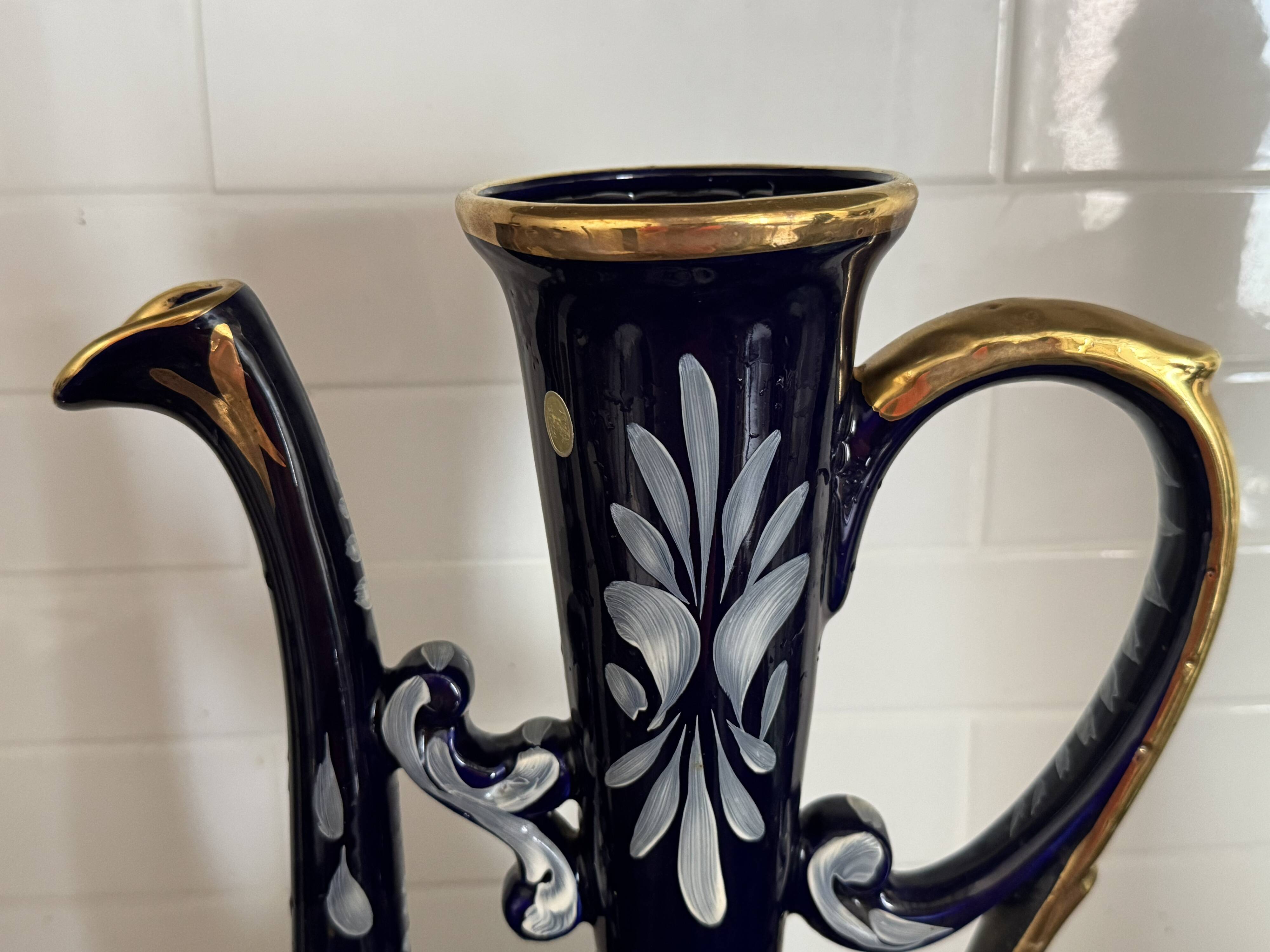 Pair of vintage jugs / pitchers in cobalt blue and gold ceramic – Made i