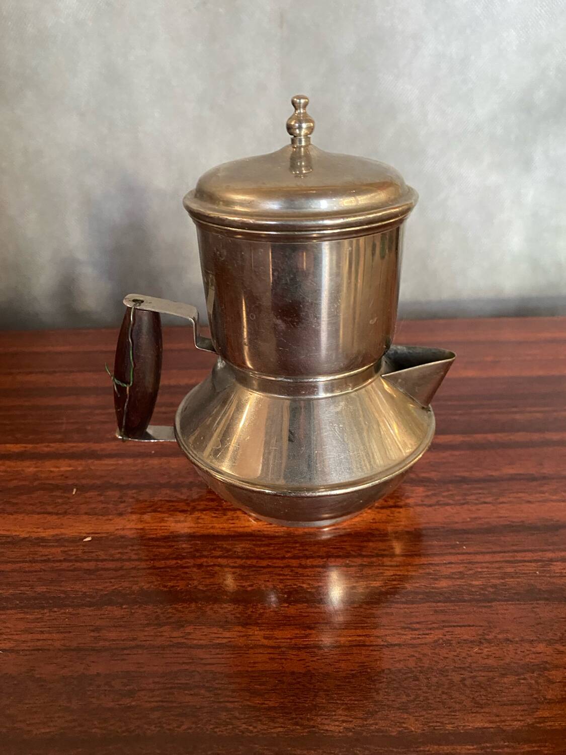 Antique TASSUNIC Teapot Silver Metal + Wooden Handle United France Vintage