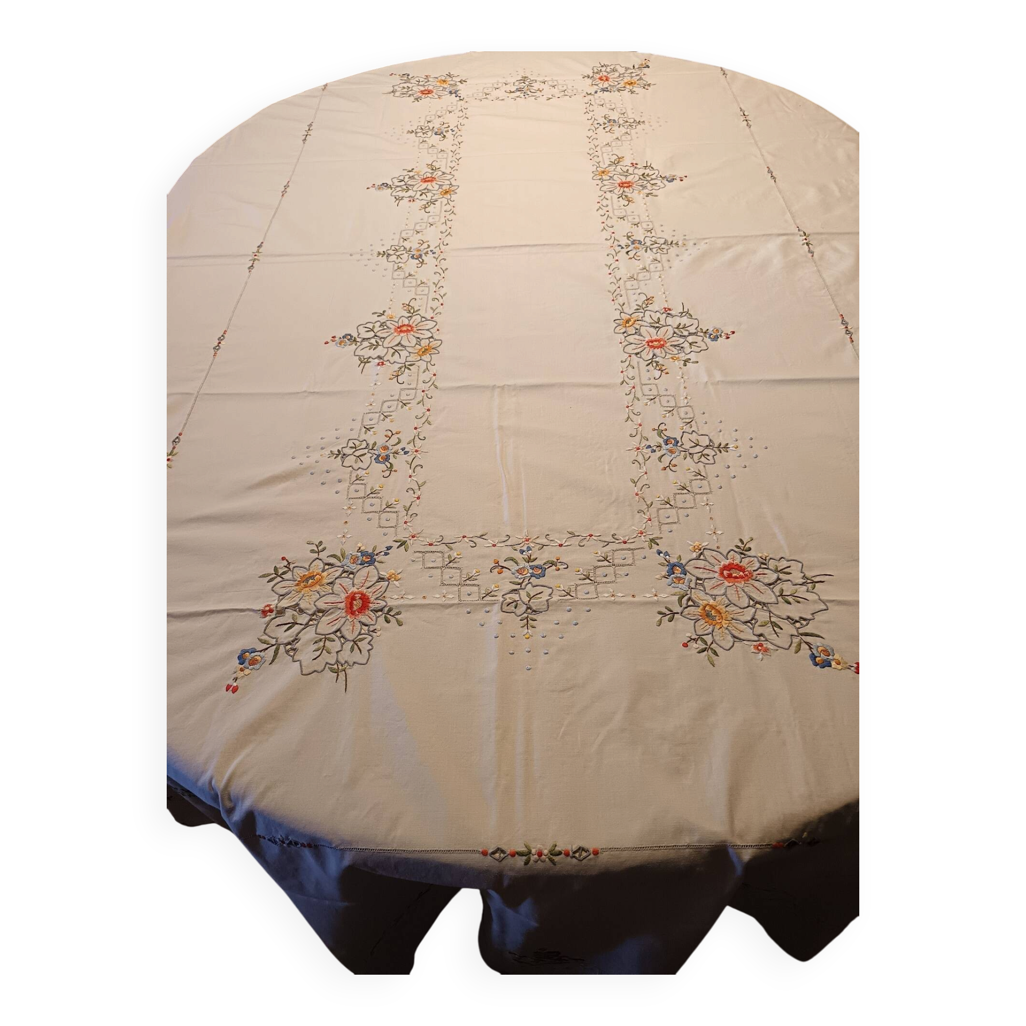 Large old embroidered and openwork tablecloth and 8 napkins.