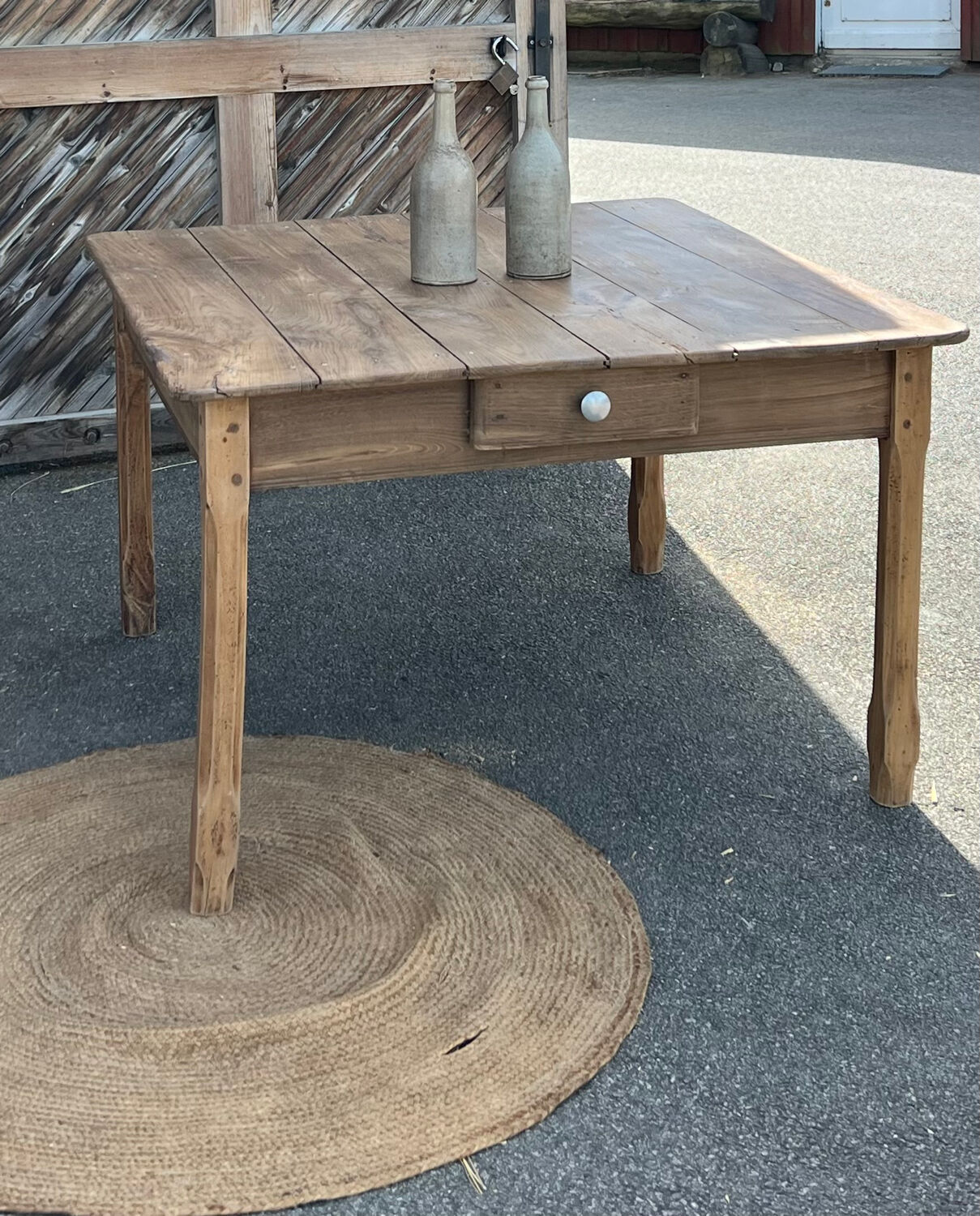 Large square antique farmhouse table in raw solid oak with 1 drawer.