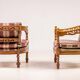 Pair of Giorgetti "1975 Gallery" armchairs in carved wood, original upholstery.