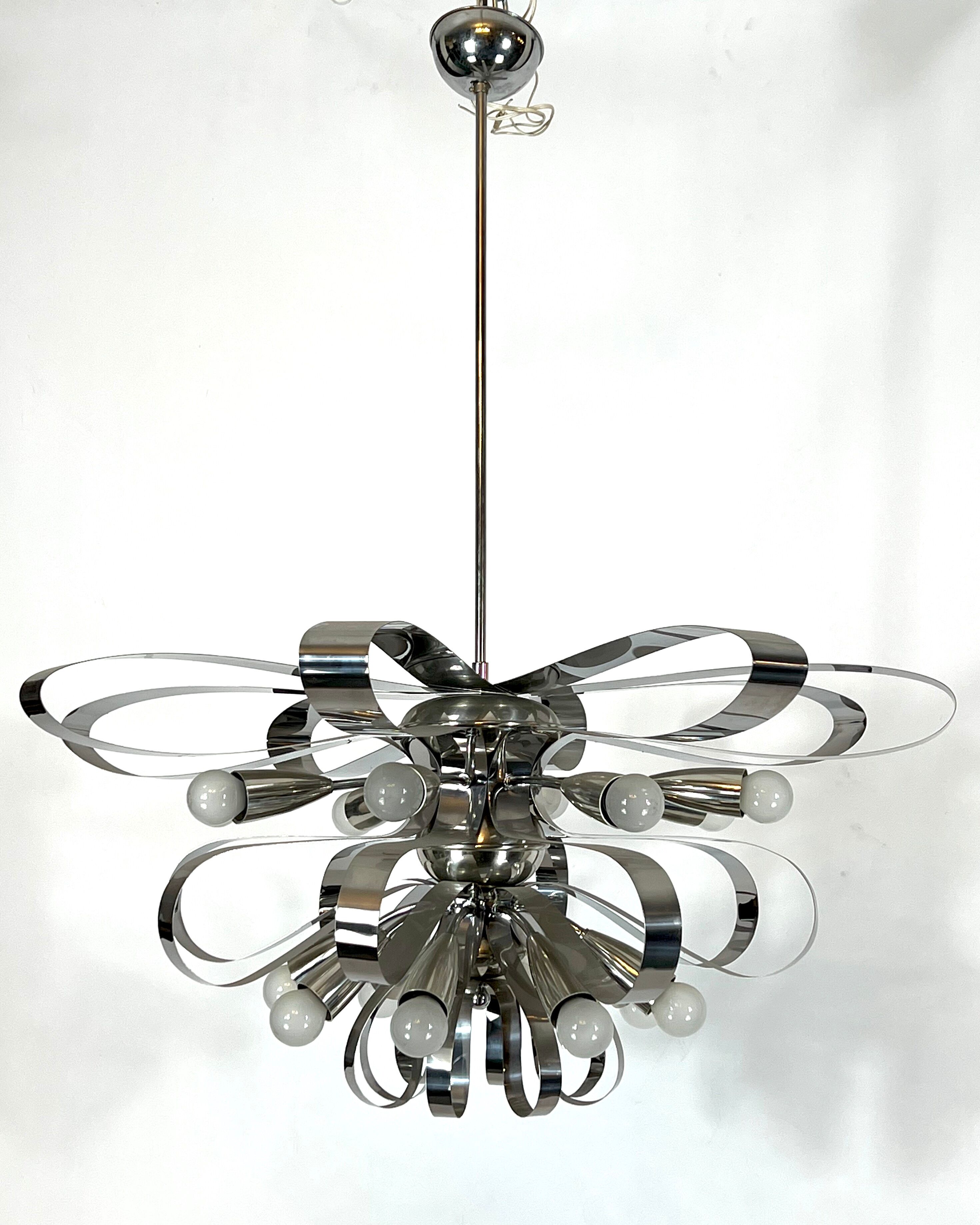 Mid-century pair of Italian chrome chandeliers from 70