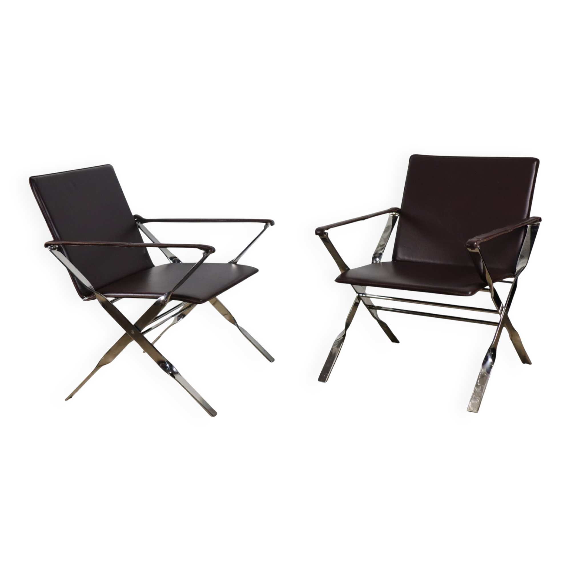 Pair of leather and chrome metal armchairs, Italy - 1970