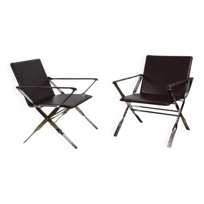 Paire de fauteuils en cuir et métal chromé, Italie - 1970