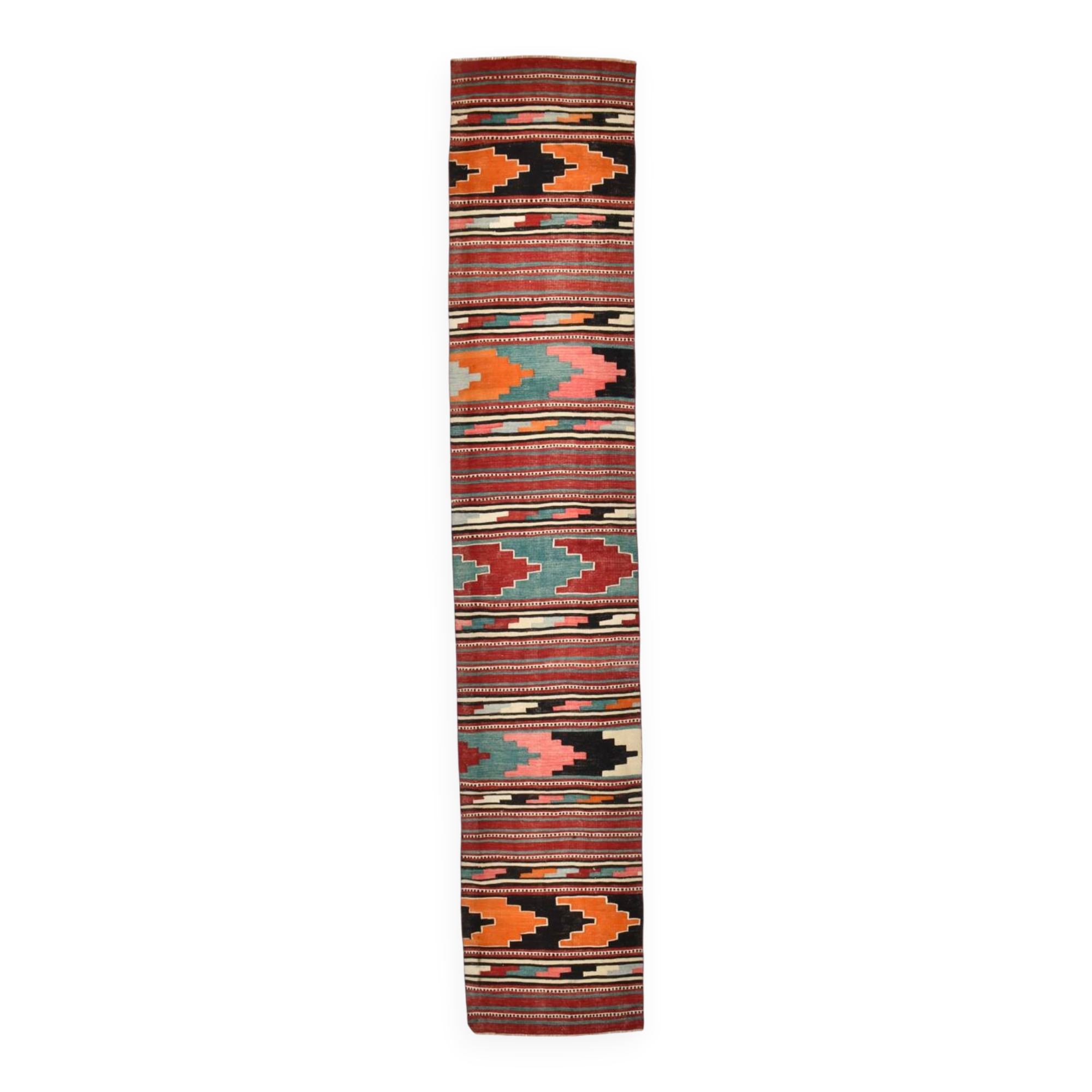2x13 Green & Red Stair Kilim Runner Rug, 72x387Cm